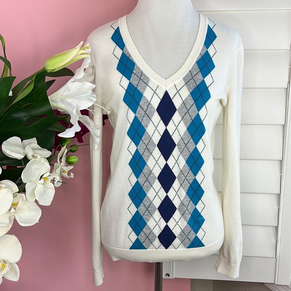 Tommy Hilfiger V-Neck Argyle Pima Cotton Preppy Golf Sweater